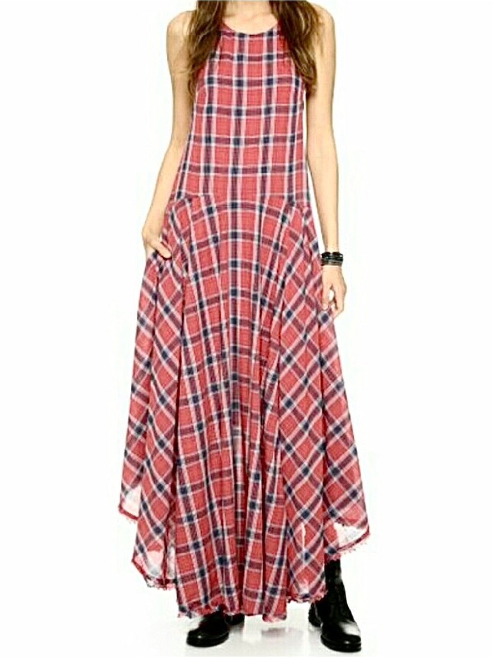 RARE EXC • Free People French Riviera Maxi Dress in Red Plaid •